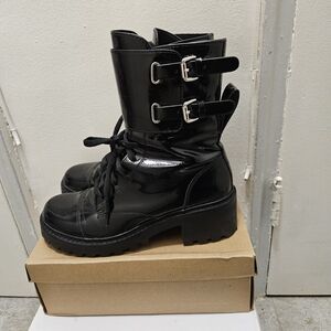 DKNY Glossy Black Moto Boots with Buckles